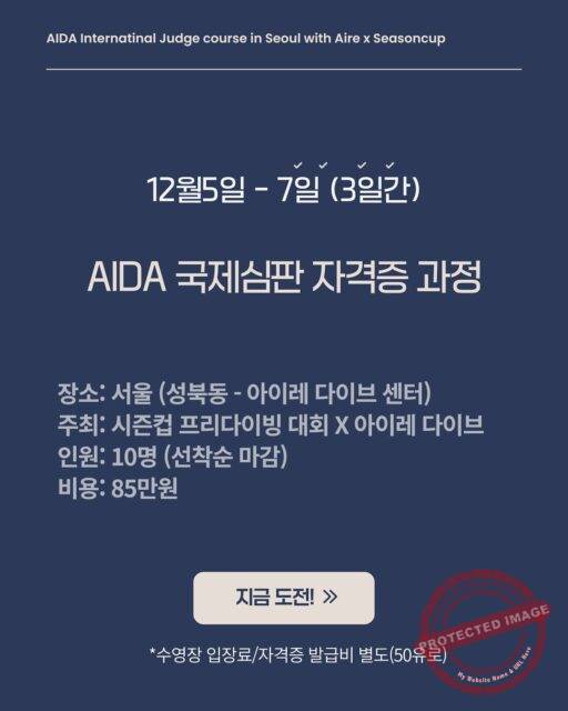 📝 신청 및 문의
신청 방법: 아이레 프리다이빙 센터 공식 인스타그램 (@aire.dive or @se.a._ ) DM 또는 댓글 신청.
✔️모집 마감: 정원 마감 시 조기 종료 (10인)
💬문의: 아이레 프리다이빙 센터 운영팀. 프리다이빙 몬스터 센터 운영팀. 시즌컵 공식 계정 DM등
📍장소: 서울 성북동 - 아이레 프리다이빙 센터